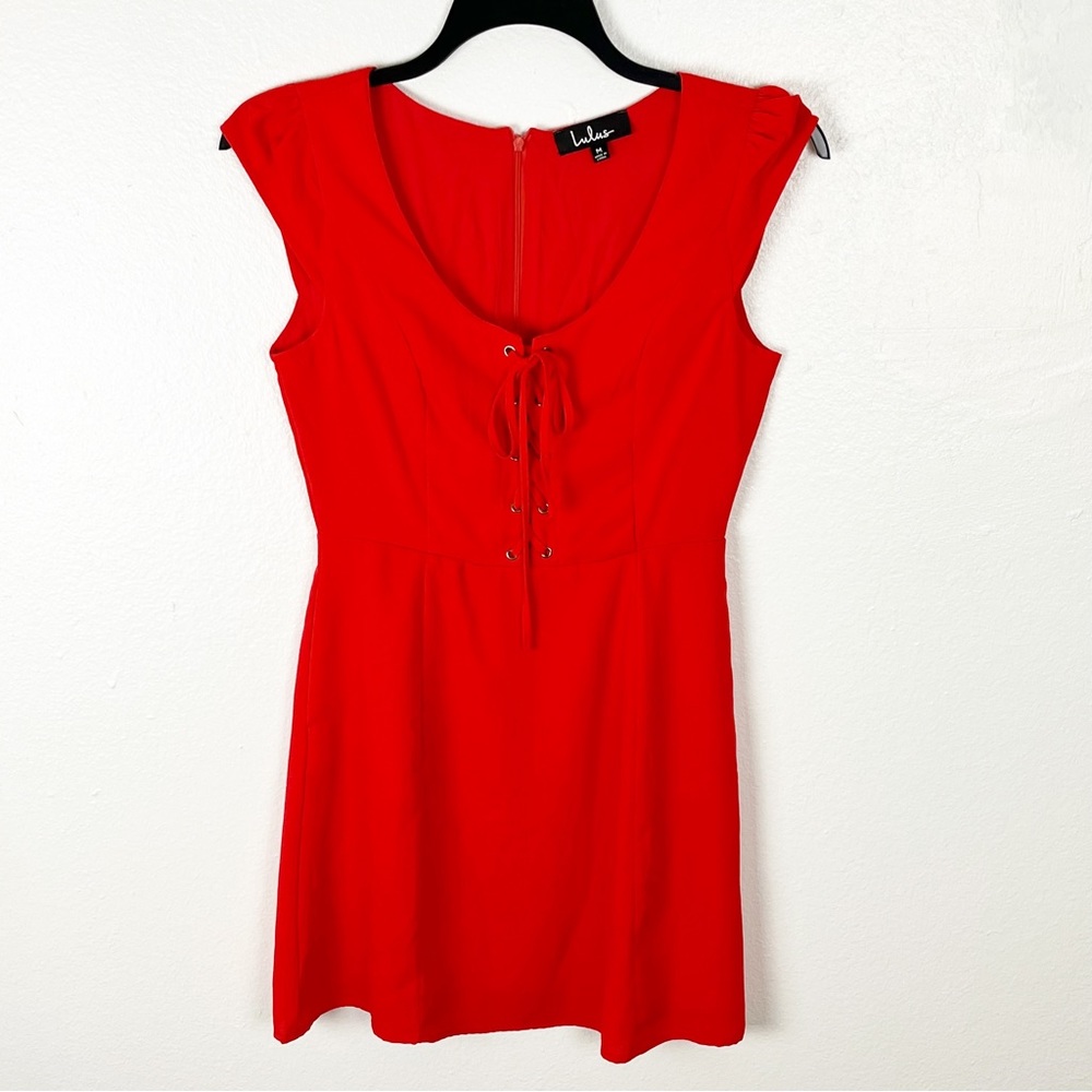 LULUS Sunny Spot Red Lace Corset Pockets Cap Sleeves Dress Medium Tomato Girl